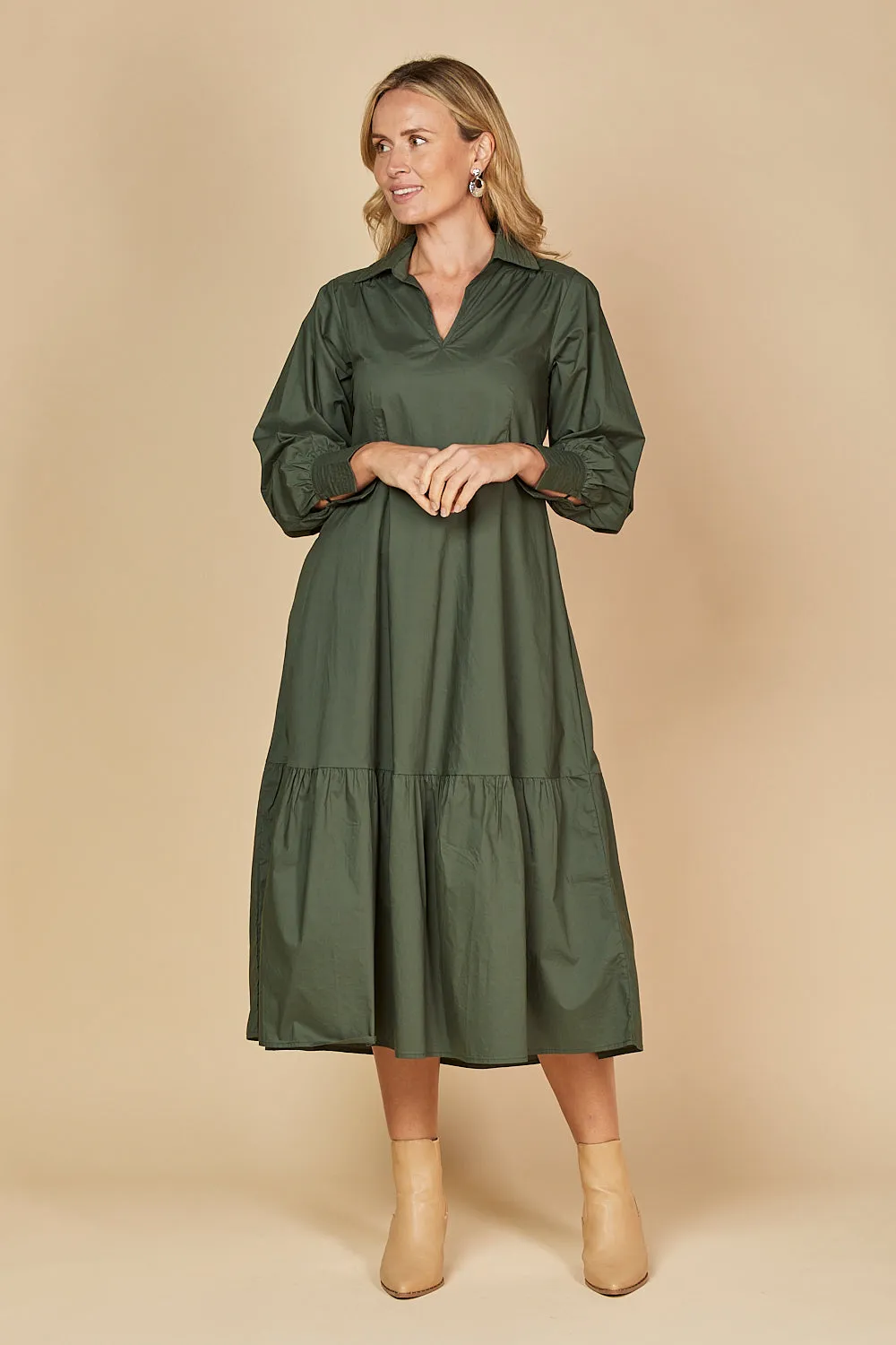 Sabre V-Neck Poplin Dress in Bottle Green sold by Adrift product image thumbnail 4
