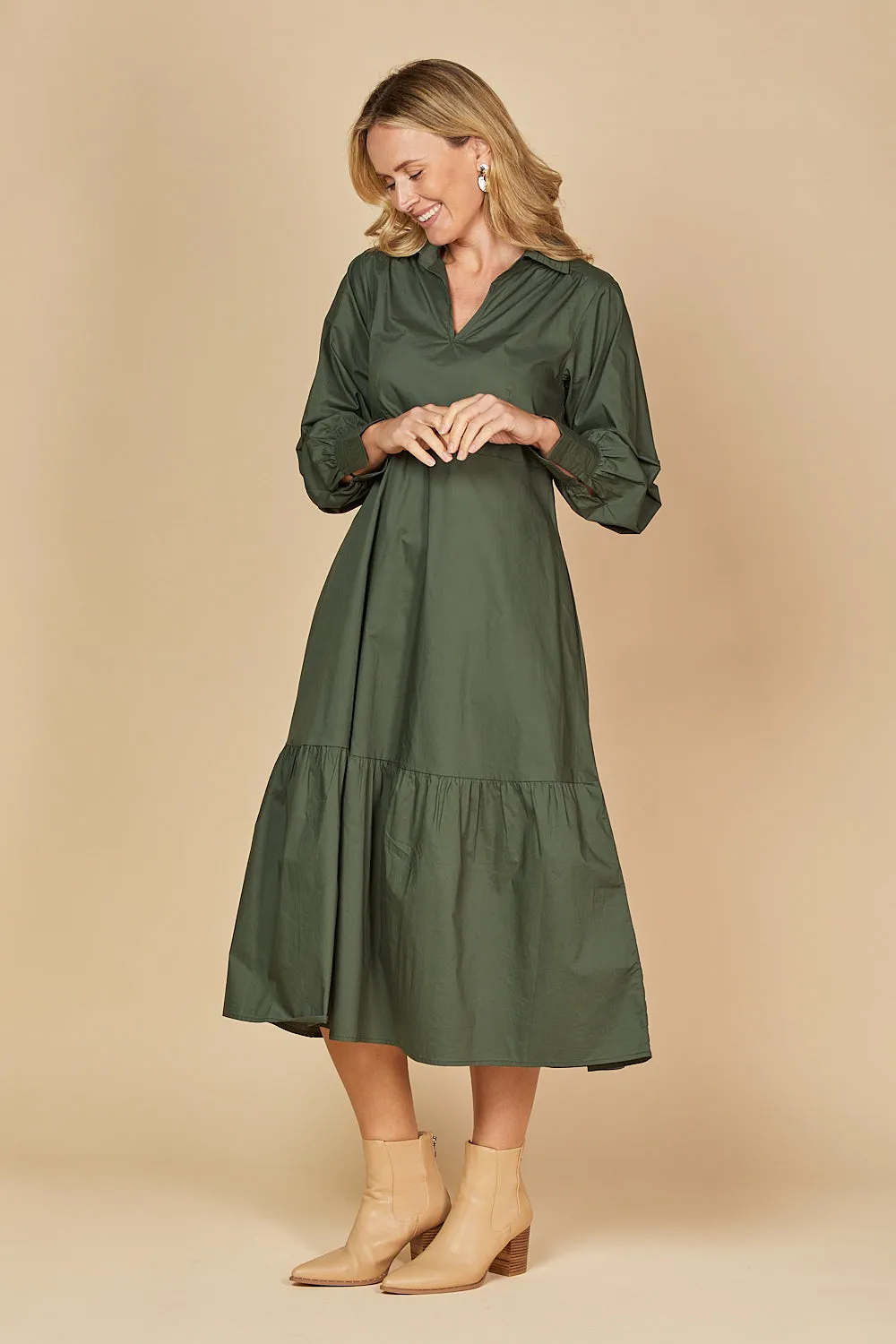Sabre V-Neck Poplin Dress in Bottle Green sold by Adrift product image thumbnail 5