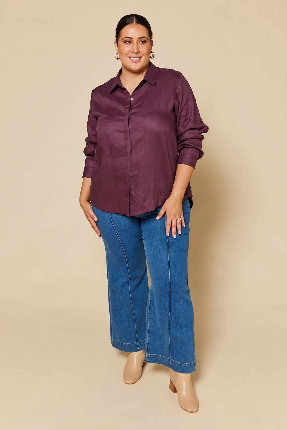 Oversized Linen Boyfriend Shirt in Plum sold by Adrift product image thumbnail 3