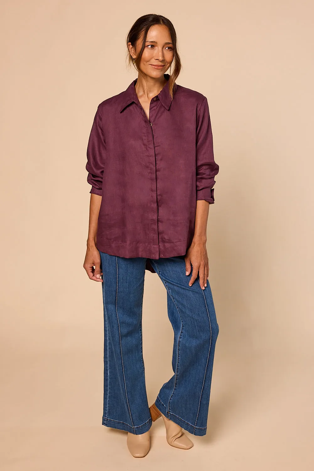 Oversized Linen Boyfriend Shirt in Plum sold by Adrift product image thumbnail 4