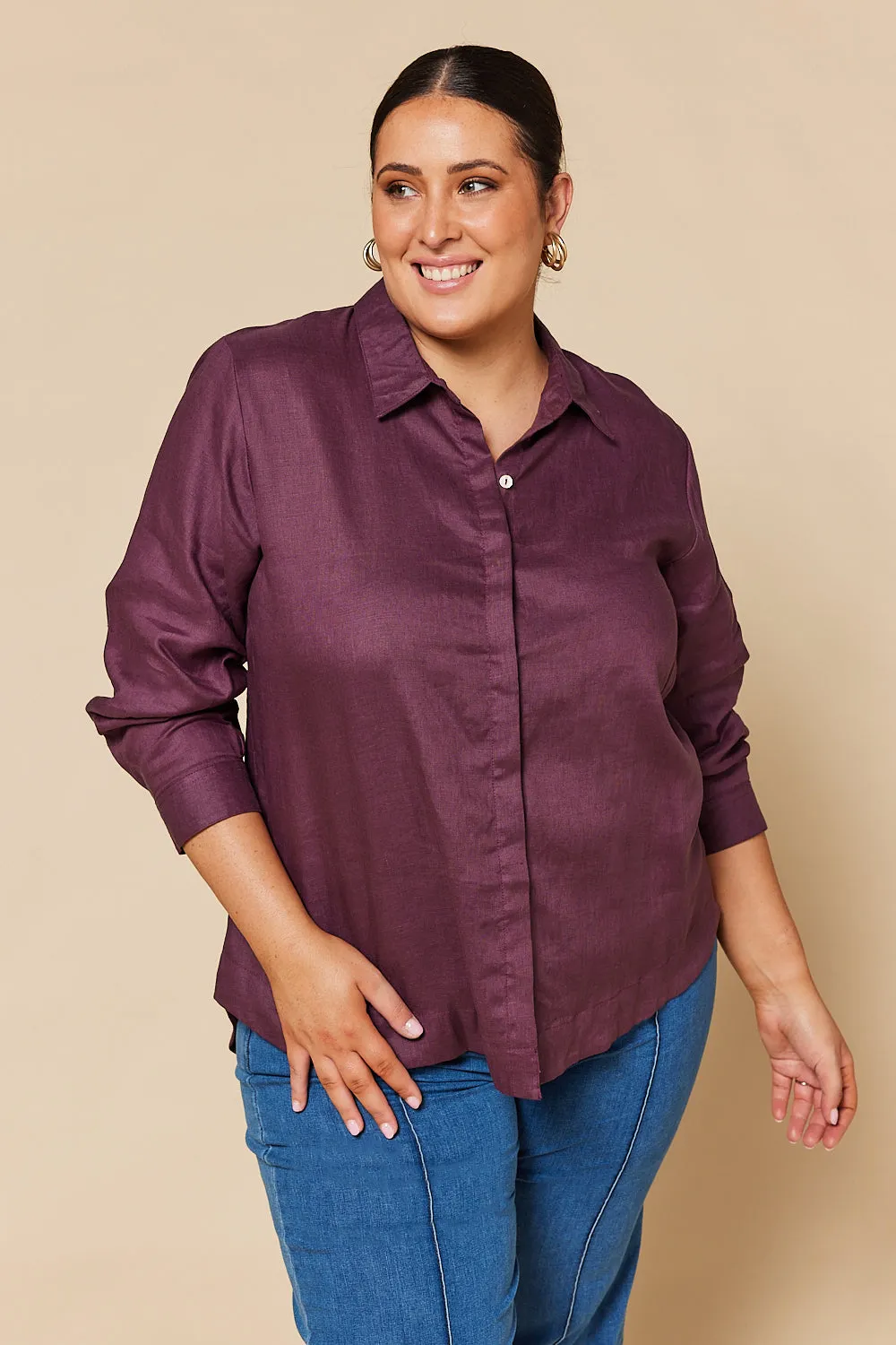 Oversized Linen Boyfriend Shirt in Plum sold by Adrift
