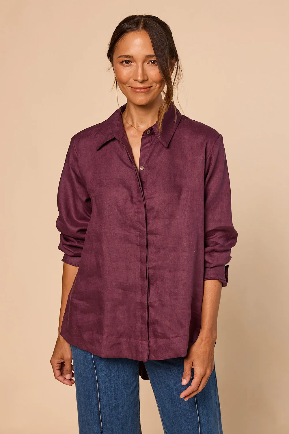 Oversized Linen Boyfriend Shirt in Plum sold by Adrift product image thumbnail 2