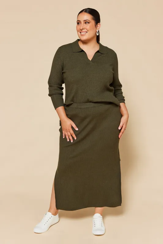 Midi Knitted Skirt in Khaki sold by Adrift