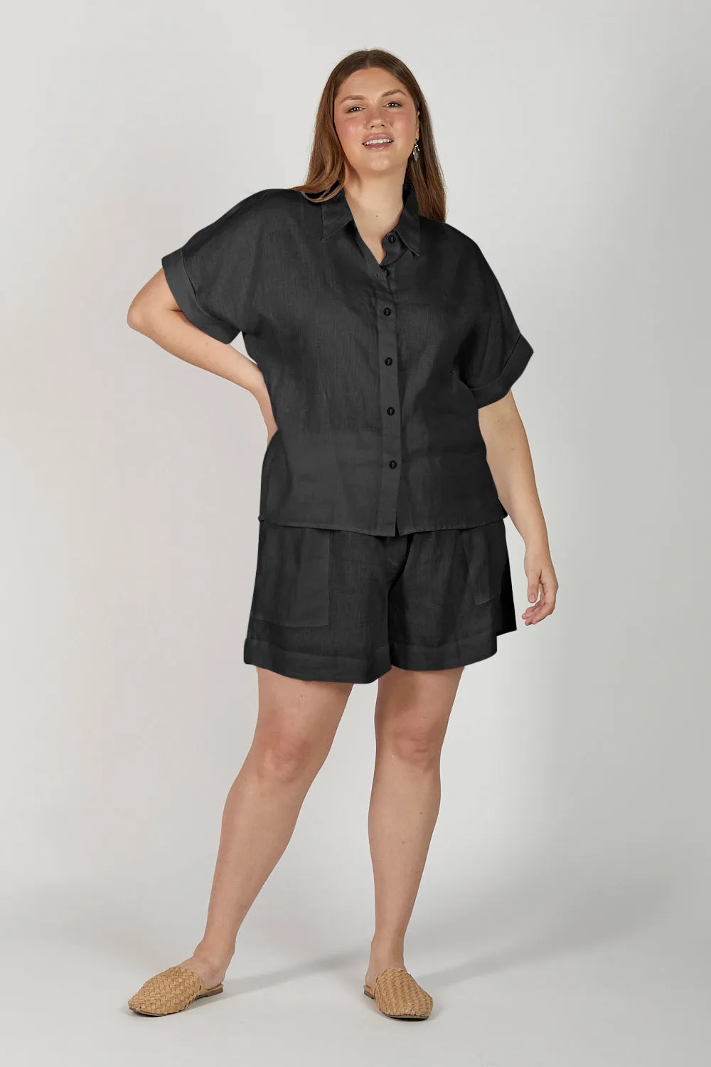 Lizey Linen A-Line Shorts in Black sold by Adrift product image thumbnail 5