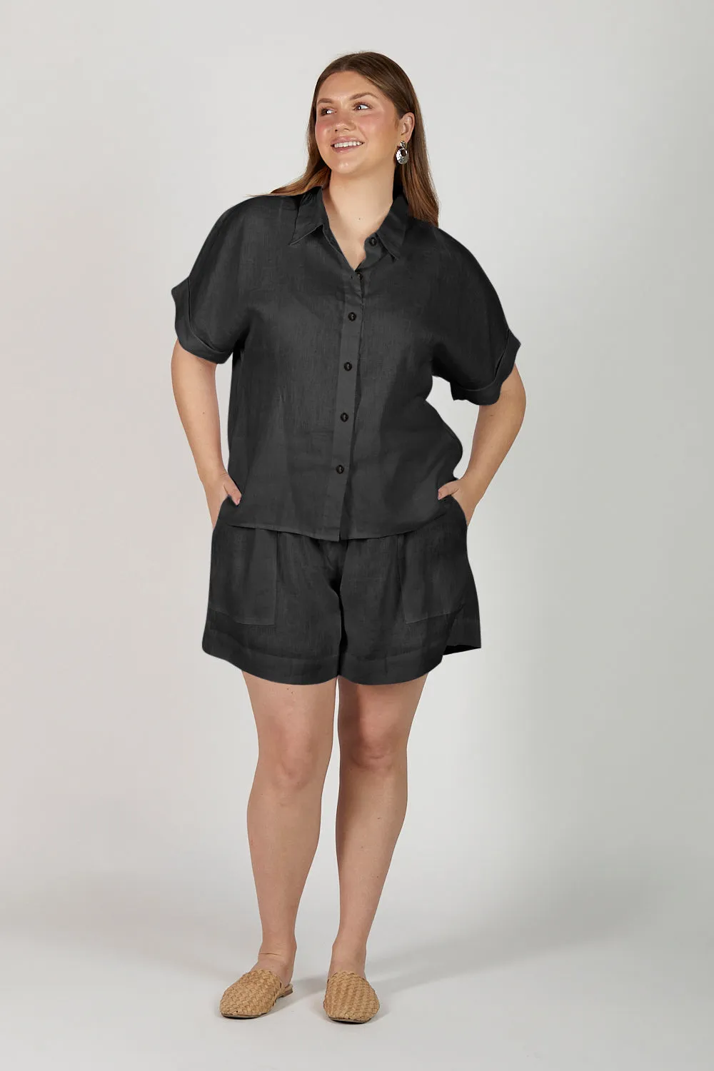 Lizey Linen A-Line Shorts in Black sold by Adrift product image thumbnail 2