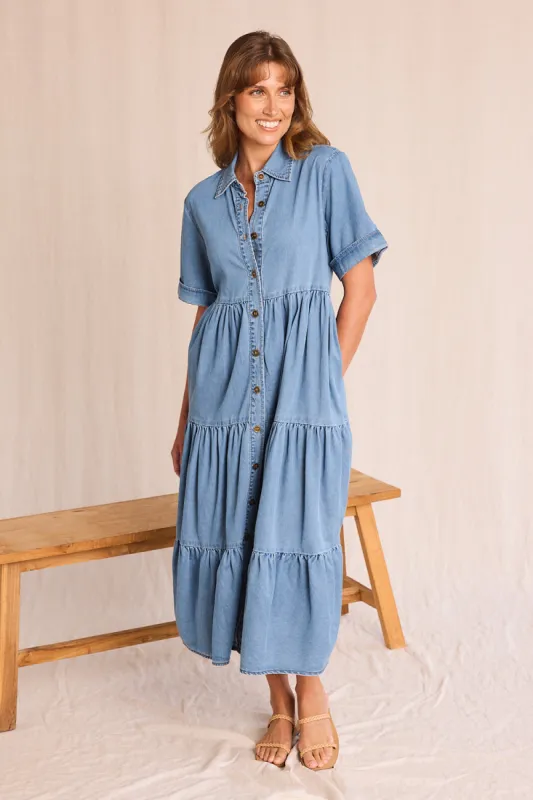 Sabre Chambray Button Through Dress in Light Wash sold by Adrift