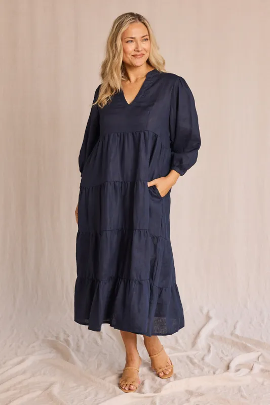 Sabre Linen V-Neck Dress in Navy sold by Adrift