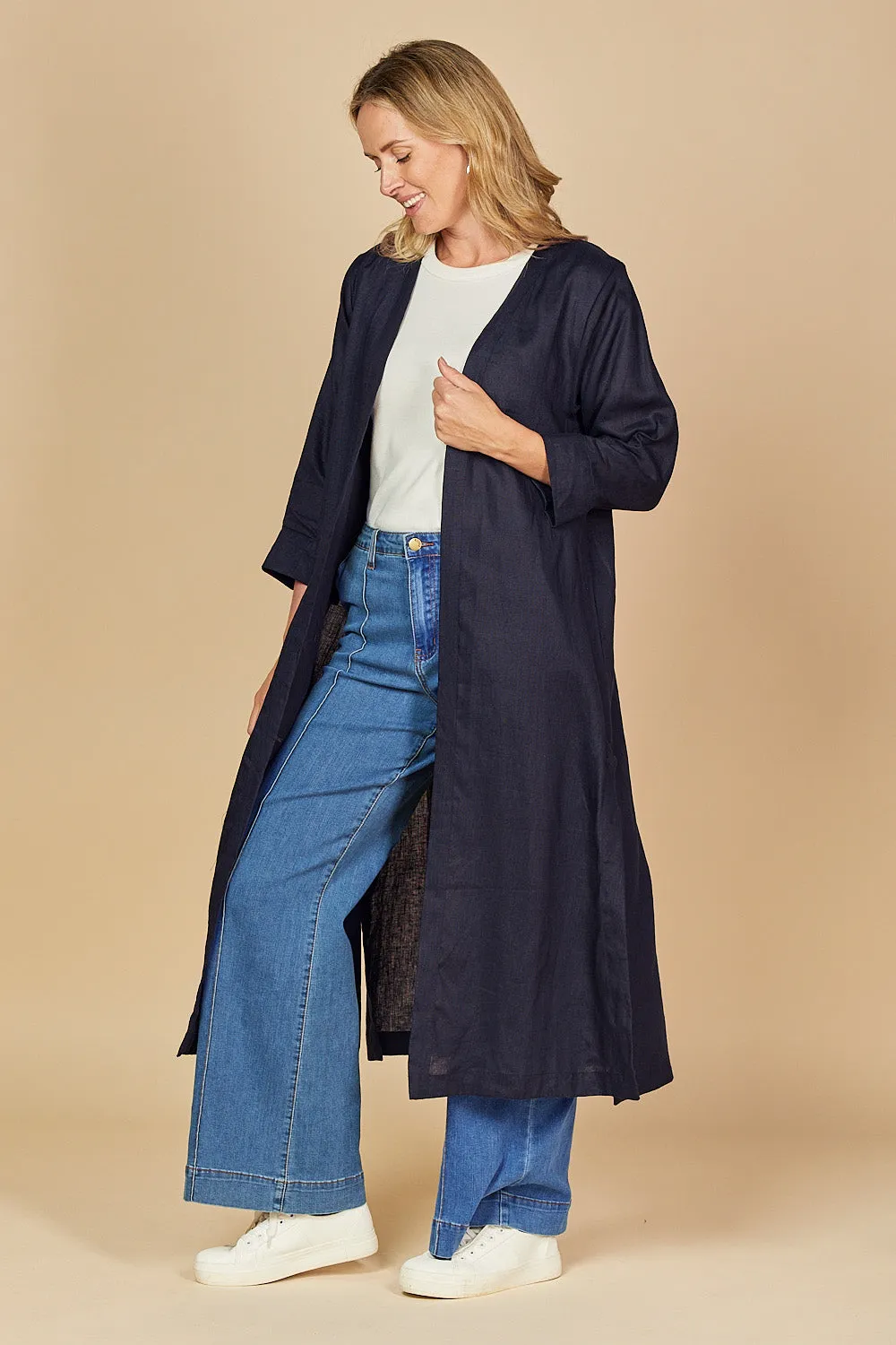 Long Line Linen Duster Jacket in Navy sold by Adrift product image thumbnail 3