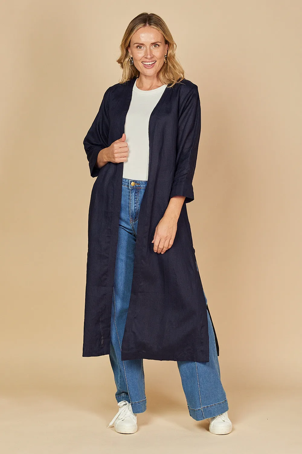 Long Line Linen Duster Jacket in Navy sold by Adrift product image thumbnail 4