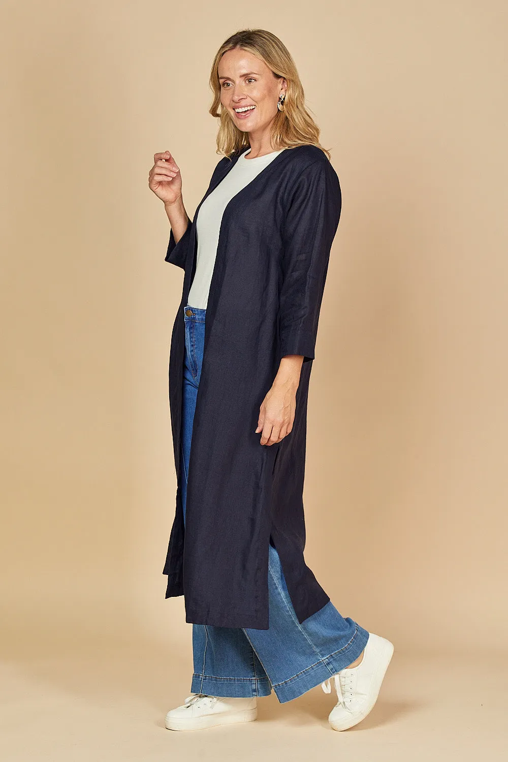 Long Line Linen Duster Jacket in Navy sold by Adrift product image thumbnail 5