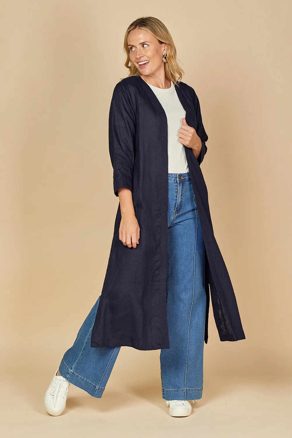 Long Line Linen Duster Jacket in Navy sold by Adrift product image thumbnail 2