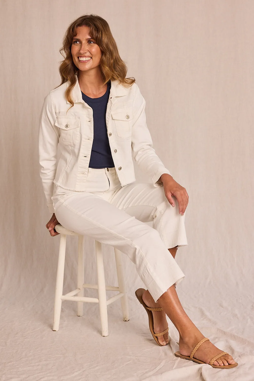 Adrift Cropped Denim Jacket in White sold by Adrift