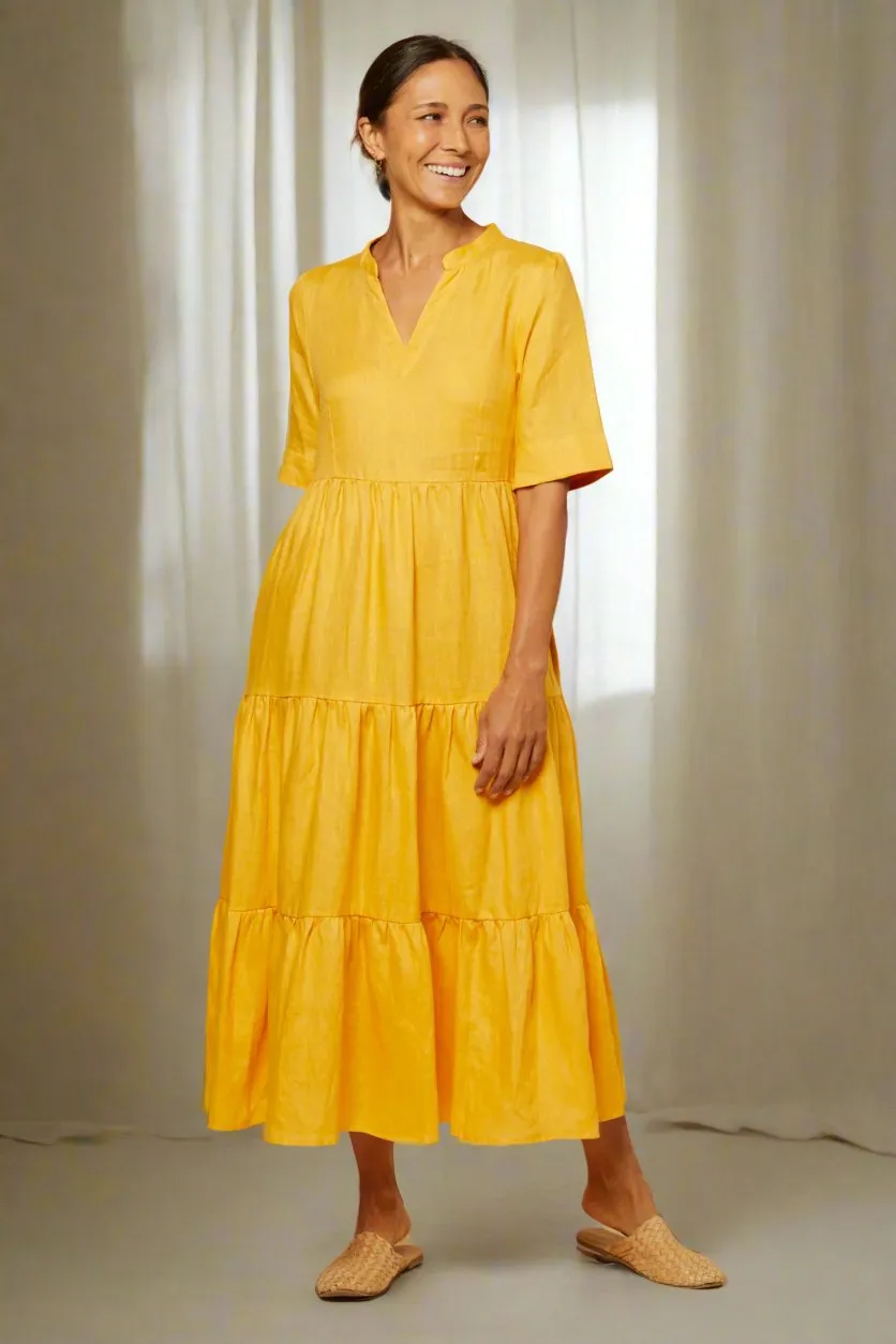 Sabre V-Neck Linen Dress in Golden Hour sold by Adrift