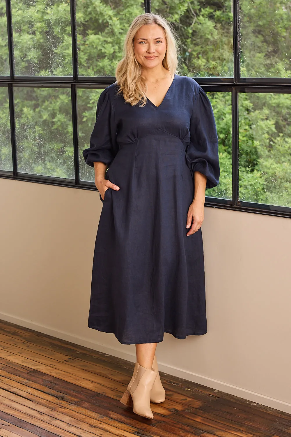Farrah Long Sleeve Linen Dress in Navy sold by Adrift product image thumbnail 5