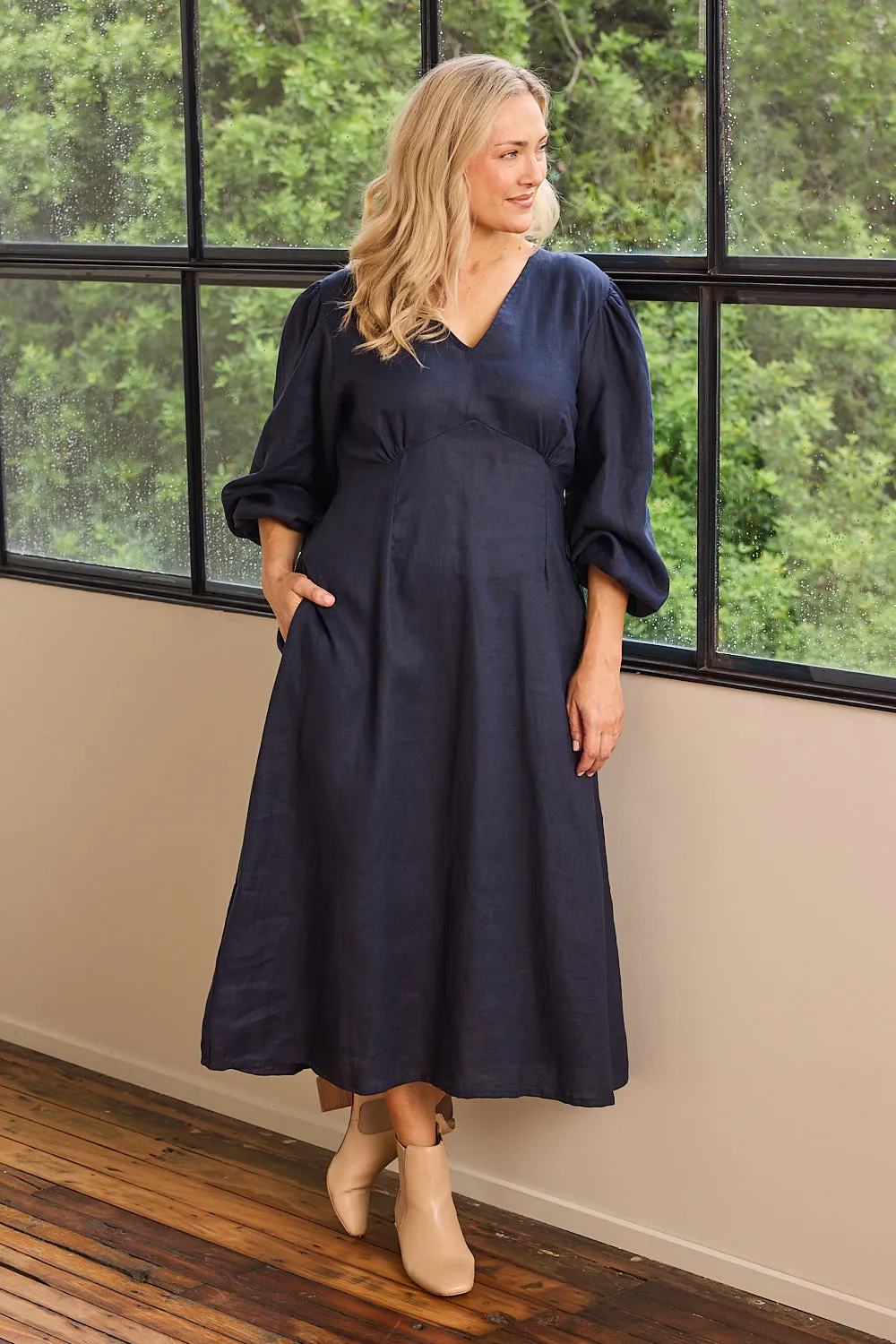 Farrah Long Sleeve Linen Dress in Navy sold by Adrift product image thumbnail 3
