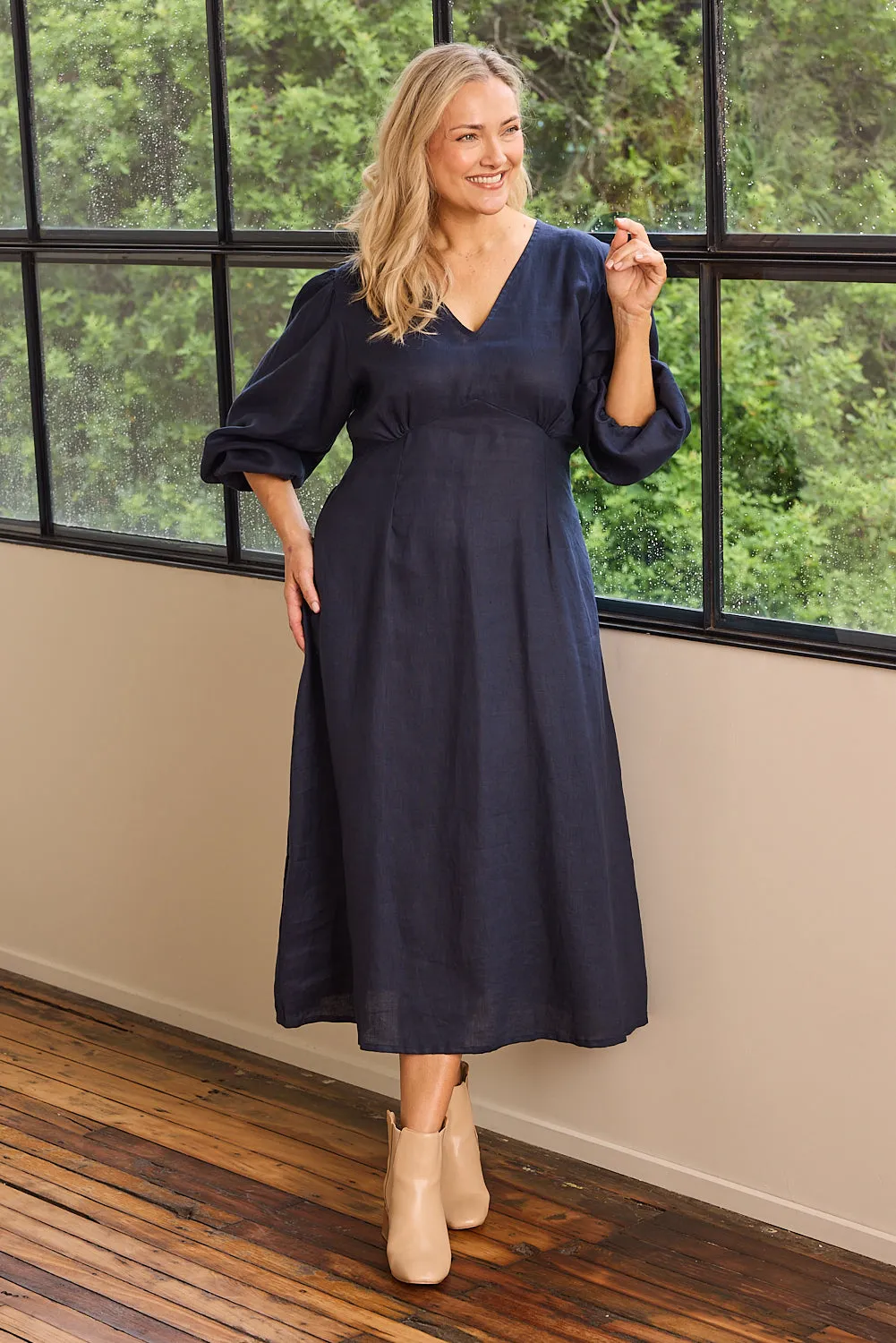 Farrah Long Sleeve Linen Dress in Navy sold by Adrift
