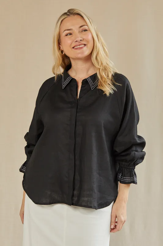 Ebony Frill Cuff Linen Blouse in Blackberry sold by Adrift