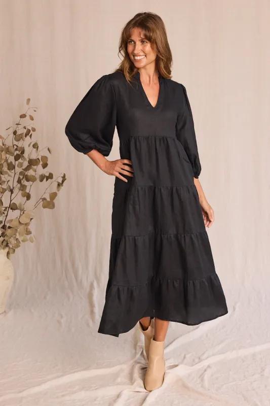 Sabre Linen V-Neck Dress in Black sold by Adrift