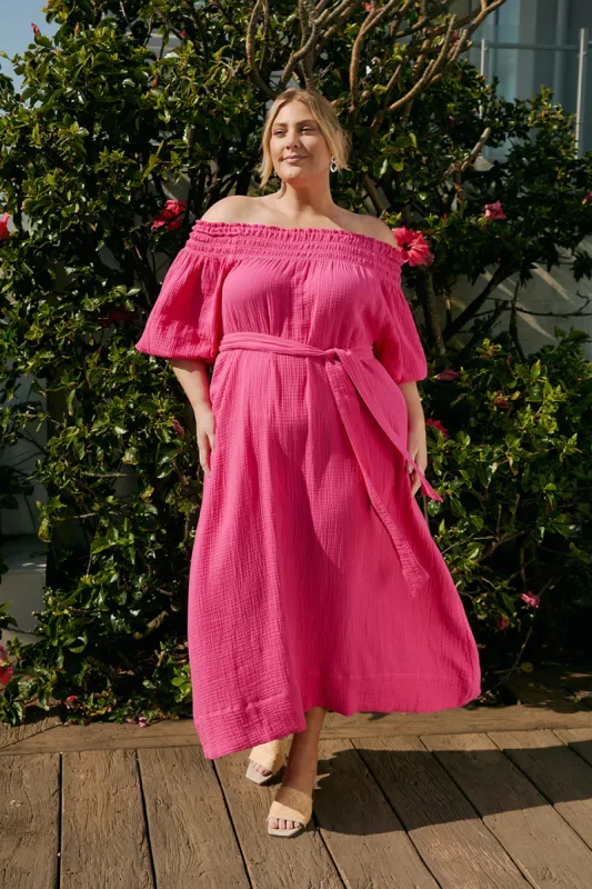 Alisa Crinkle Cotton Off The Shoulder Dress in Pink Glo sold by Adrift