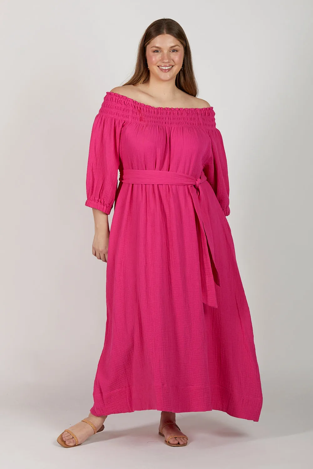 Alisa Crinkle Cotton Off The Shoulder Dress in Pink Glo sold by Adrift product image thumbnail 2