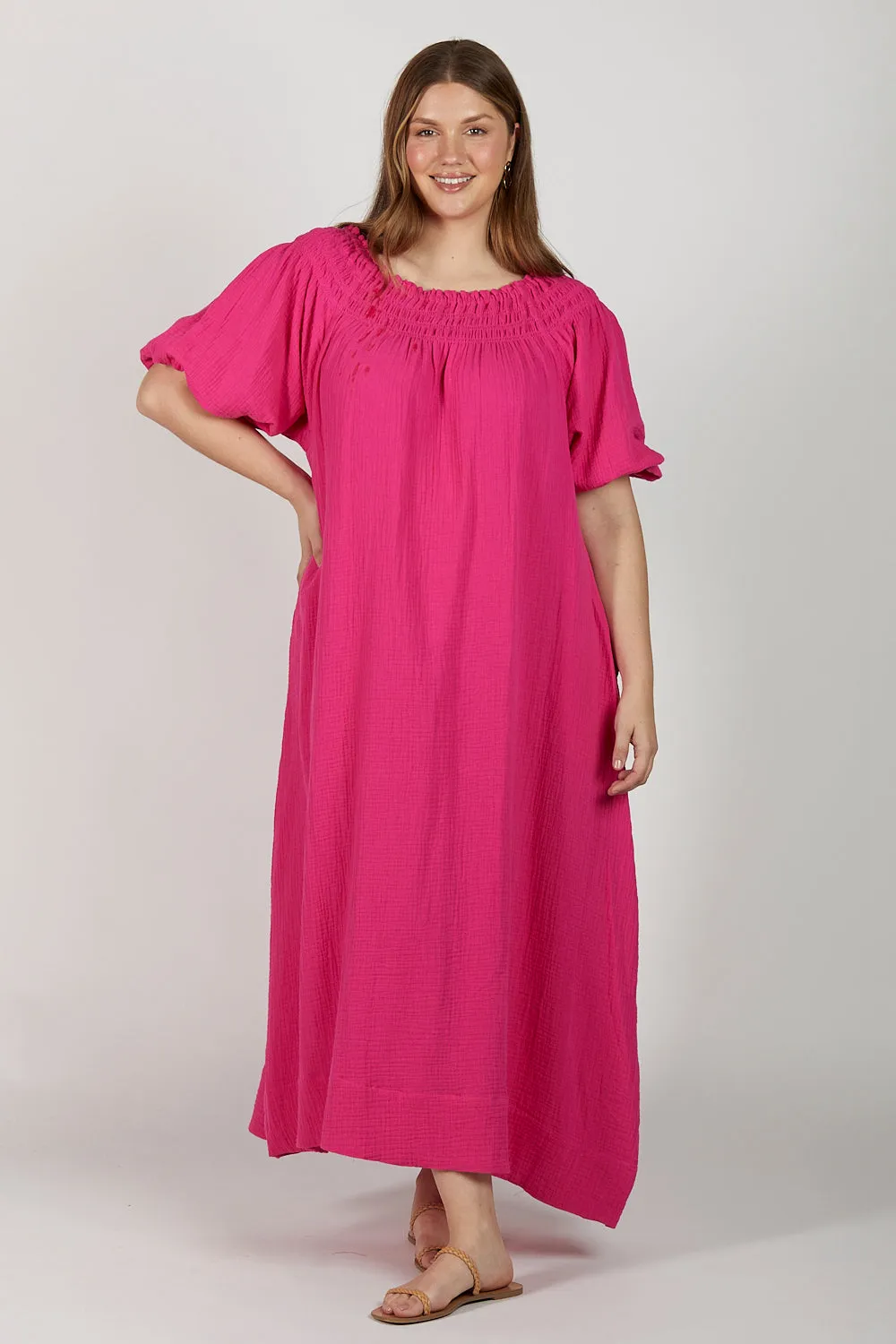 Alisa Crinkle Cotton Off The Shoulder Dress in Pink Glo sold by Adrift product image thumbnail 4