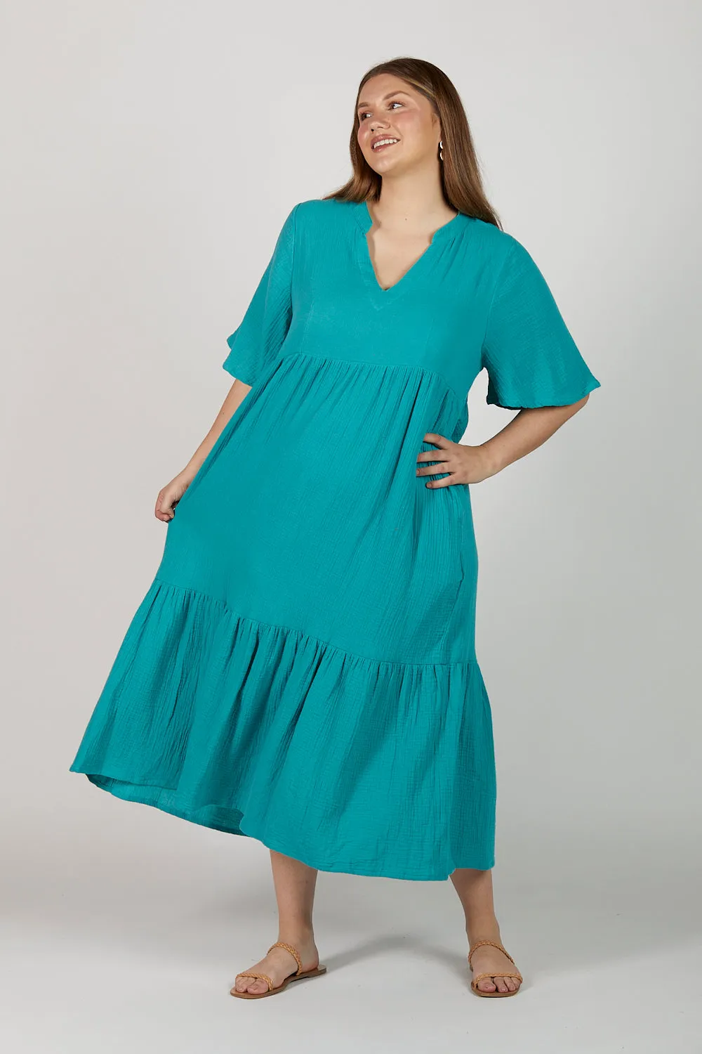 Sabre Crinkle Cotton V-Neck Dress in Peacock Parade sold by Adrift product image thumbnail 3
