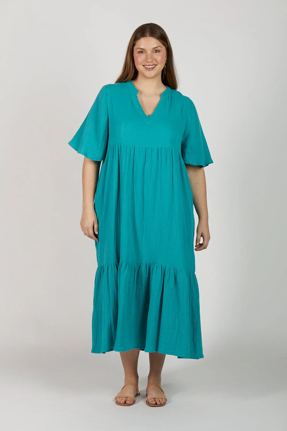 Sabre Crinkle Cotton V-Neck Dress in Peacock Parade sold by Adrift product image thumbnail 4