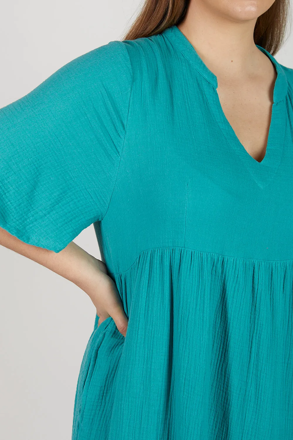 Sabre Crinkle Cotton V-Neck Dress in Peacock Parade sold by Adrift product image thumbnail 2