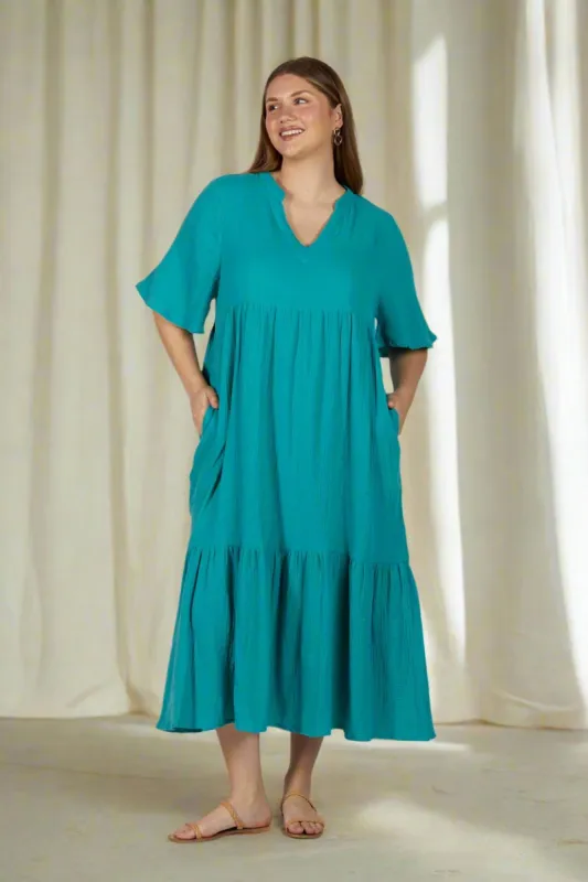 Sabre Crinkle Cotton V-Neck Dress in Peacock Parade sold by Adrift