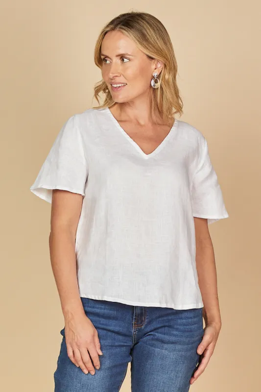 Tamara Flutter Sleeve Linen Top in White sold by Adrift