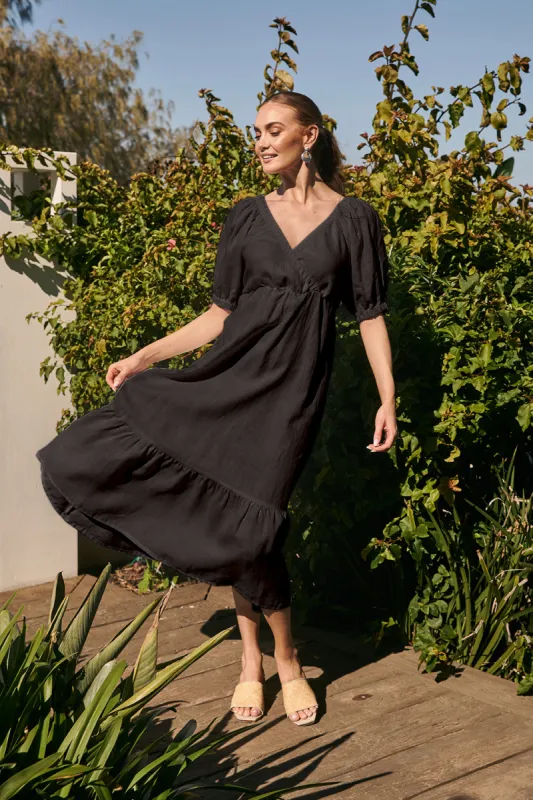 Alison Linen Maxi Dress in Black sold by Adrift