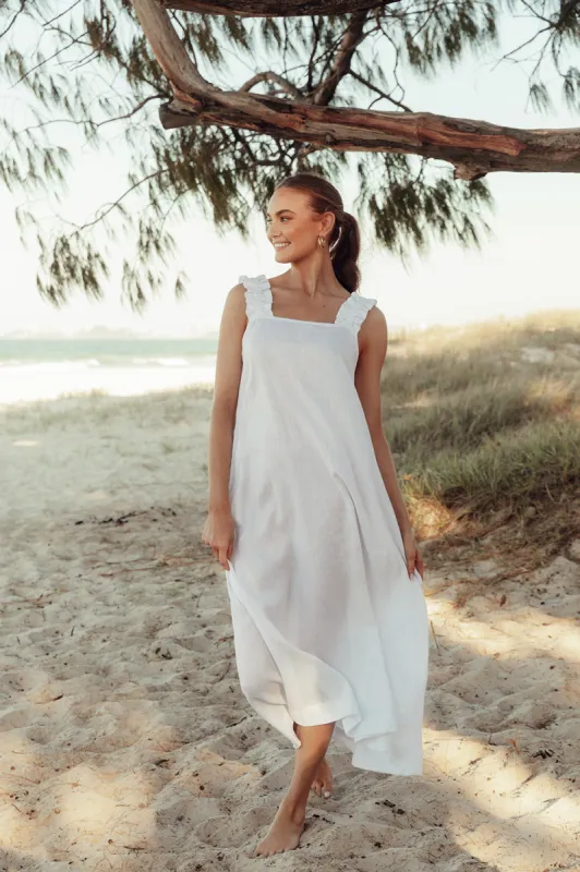 Claire Maxi Linen Dress in White sold by Adrift