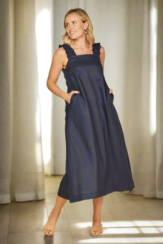 Claire Maxi Linen Dress in Navy sold by Adrift