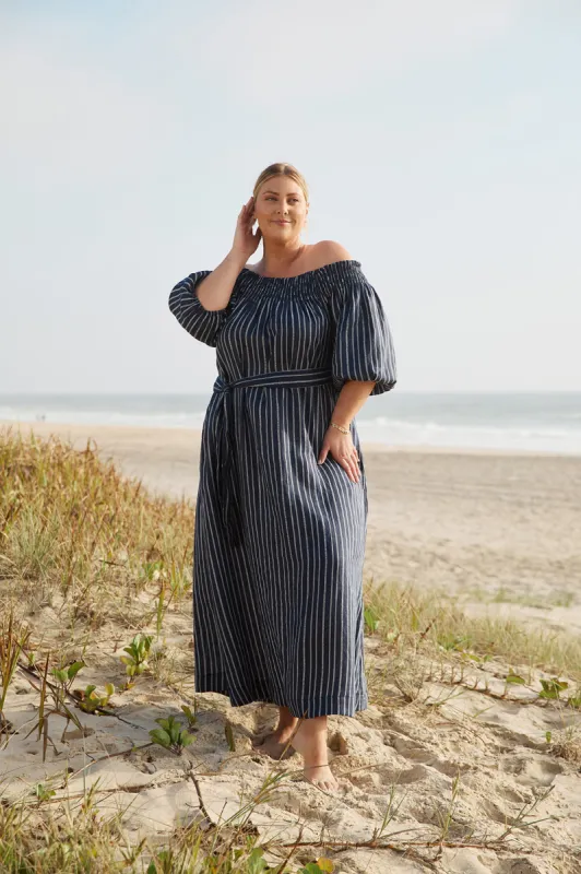 Alisa Off The Shoulder Linen Dress in Boathouse sold by Adrift