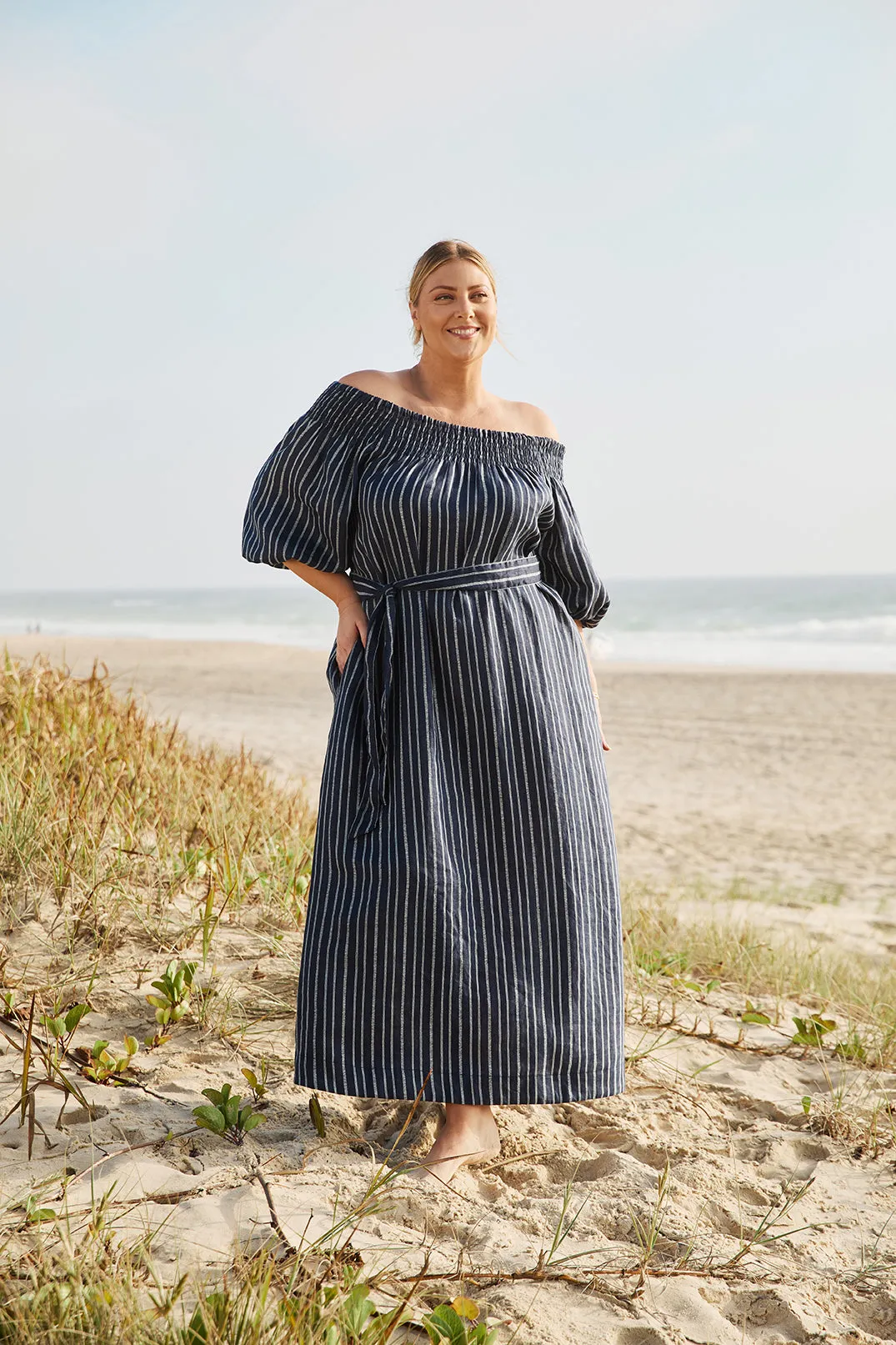 Alisa Off The Shoulder Linen Dress in Boathouse sold by Adrift product image thumbnail 4