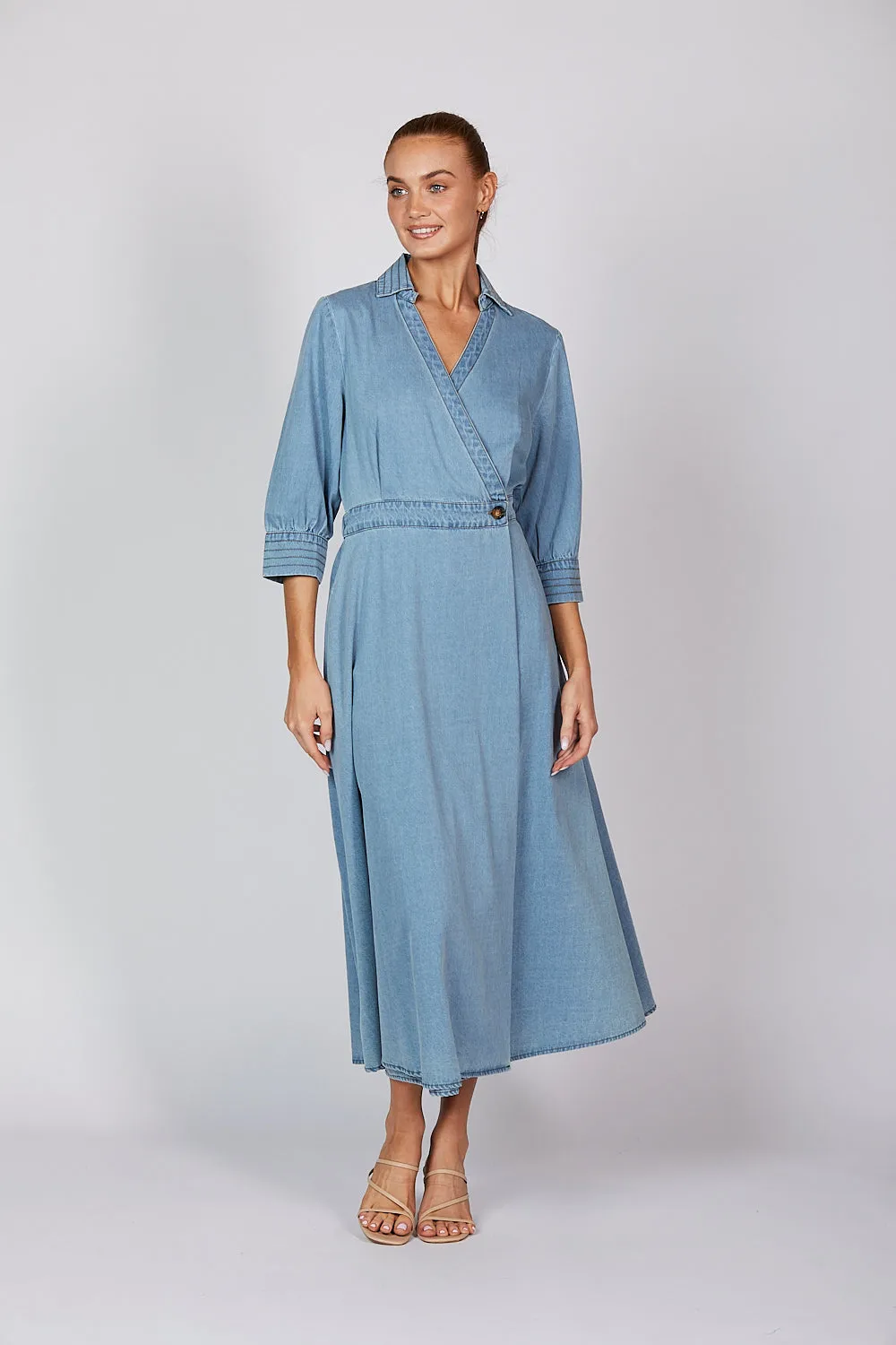 Wendy Chambray Short Sleeve Wrap Dress in Light Wash sold by Adrift product image thumbnail 4