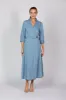 Wendy Chambray Short Sleeve Wrap Dress in Light Wash sold by Adrift