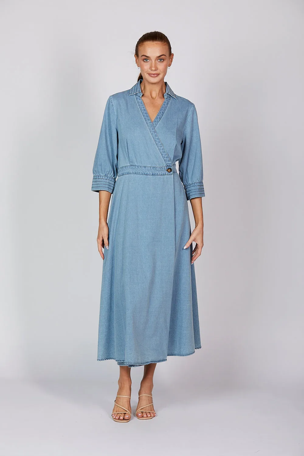 Wendy Chambray Short Sleeve Wrap Dress in Light Wash sold by Adrift product image thumbnail 3