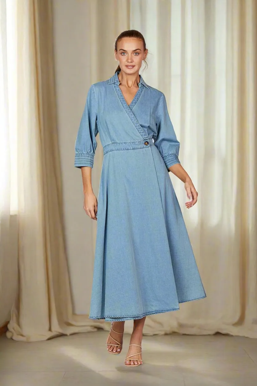 Wendy Chambray Short Sleeve Wrap Dress in Light Wash sold by Adrift