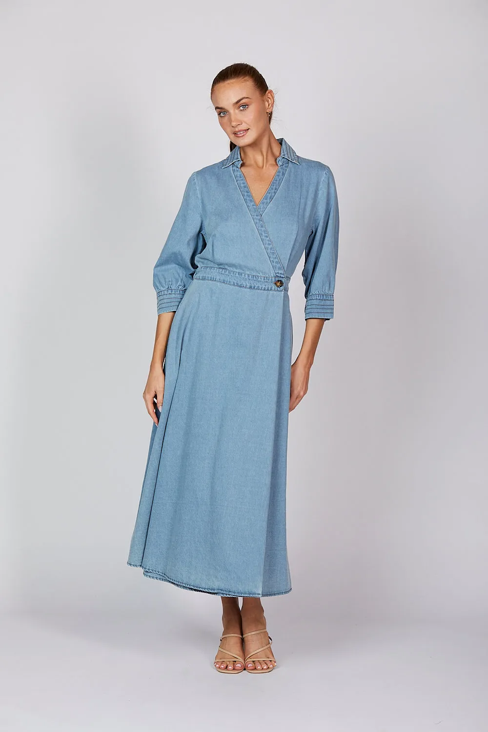 Wendy Chambray Short Sleeve Wrap Dress in Light Wash sold by Adrift product image thumbnail 5