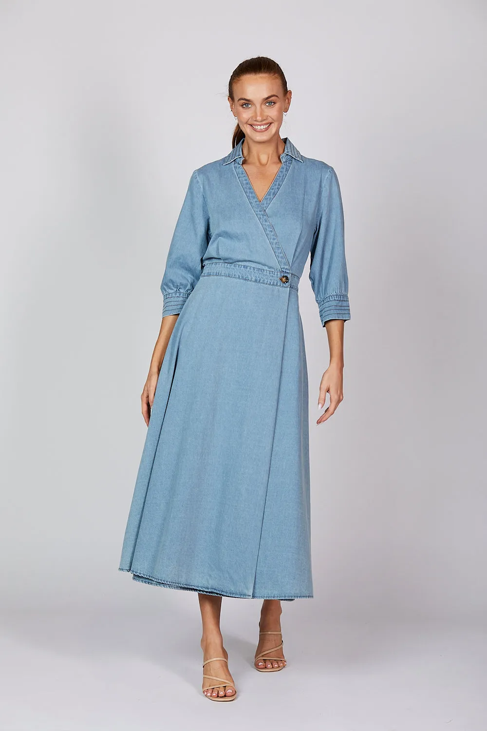 Wendy Chambray Short Sleeve Wrap Dress in Light Wash sold by Adrift product image thumbnail 2