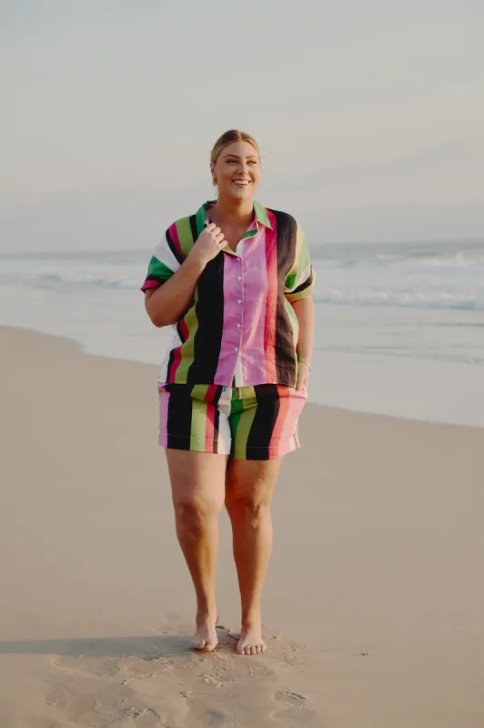 Lizey Linen A-Line Shorts in Treviso Stripe sold by Adrift