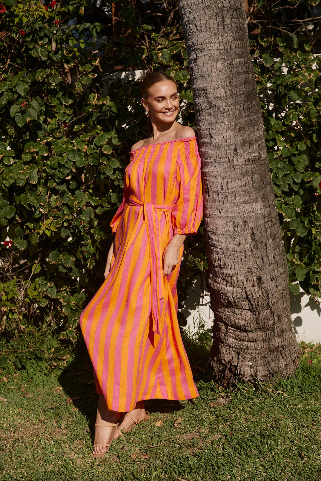 Alisa Linen Off The Shoulder Dress in Afterglow sold by Adrift