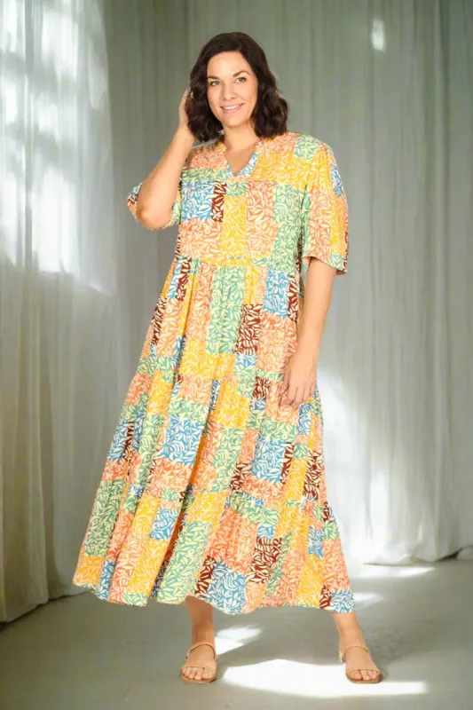 Sabre V-Neck Dress in Pretty Patchwork sold by Adrift