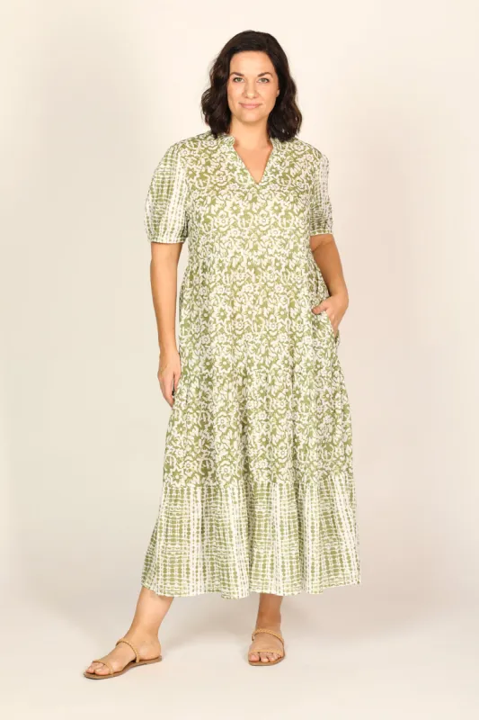 Sabre V-Neck Dress in Shibori Olive sold by Adrift