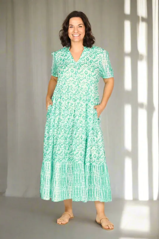 Sabre V-Neck Dress in Shibori Turquoise sold by Adrift