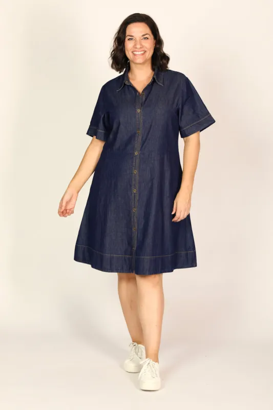 Gracie Chambray Short Dress in Dark Wash sold by Adrift