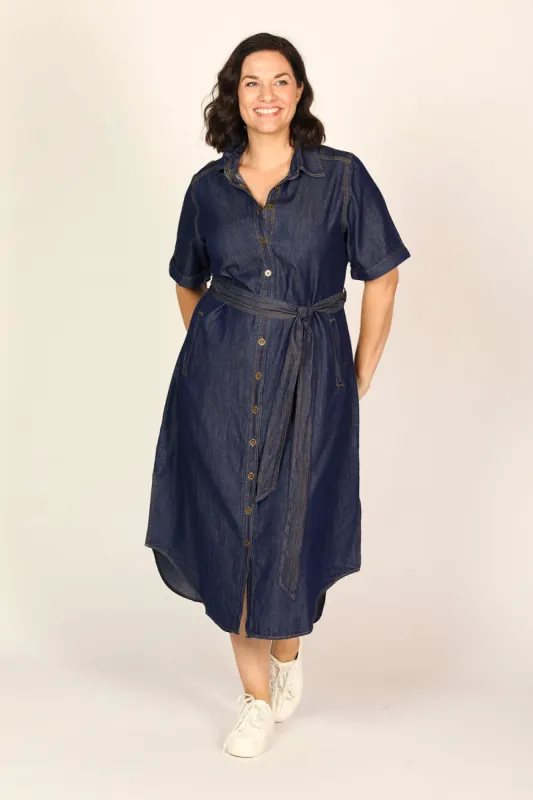 Abbey Chambray Short Sleeve Dress in Dark Wash sold by Adrift