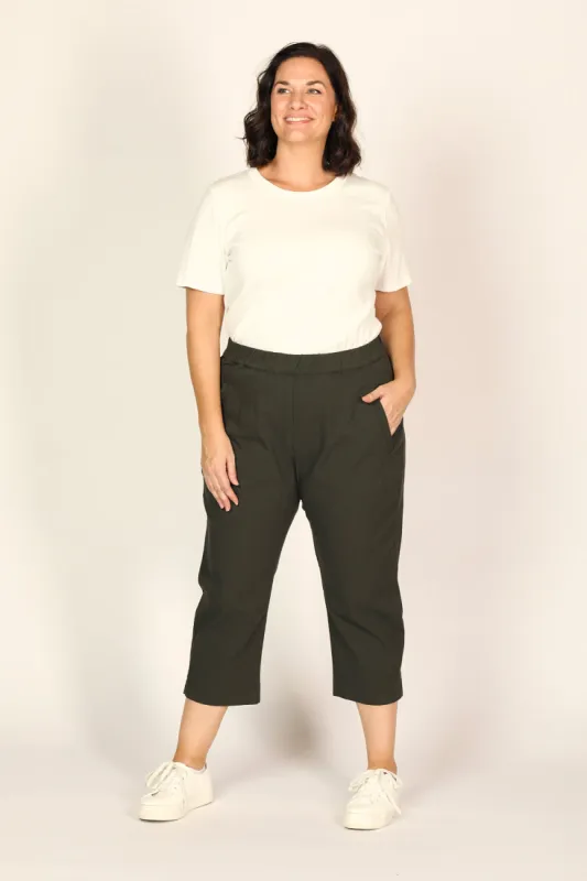 Petite Length Cropped Stretch Capri Pant in Bottle Green sold by Adrift