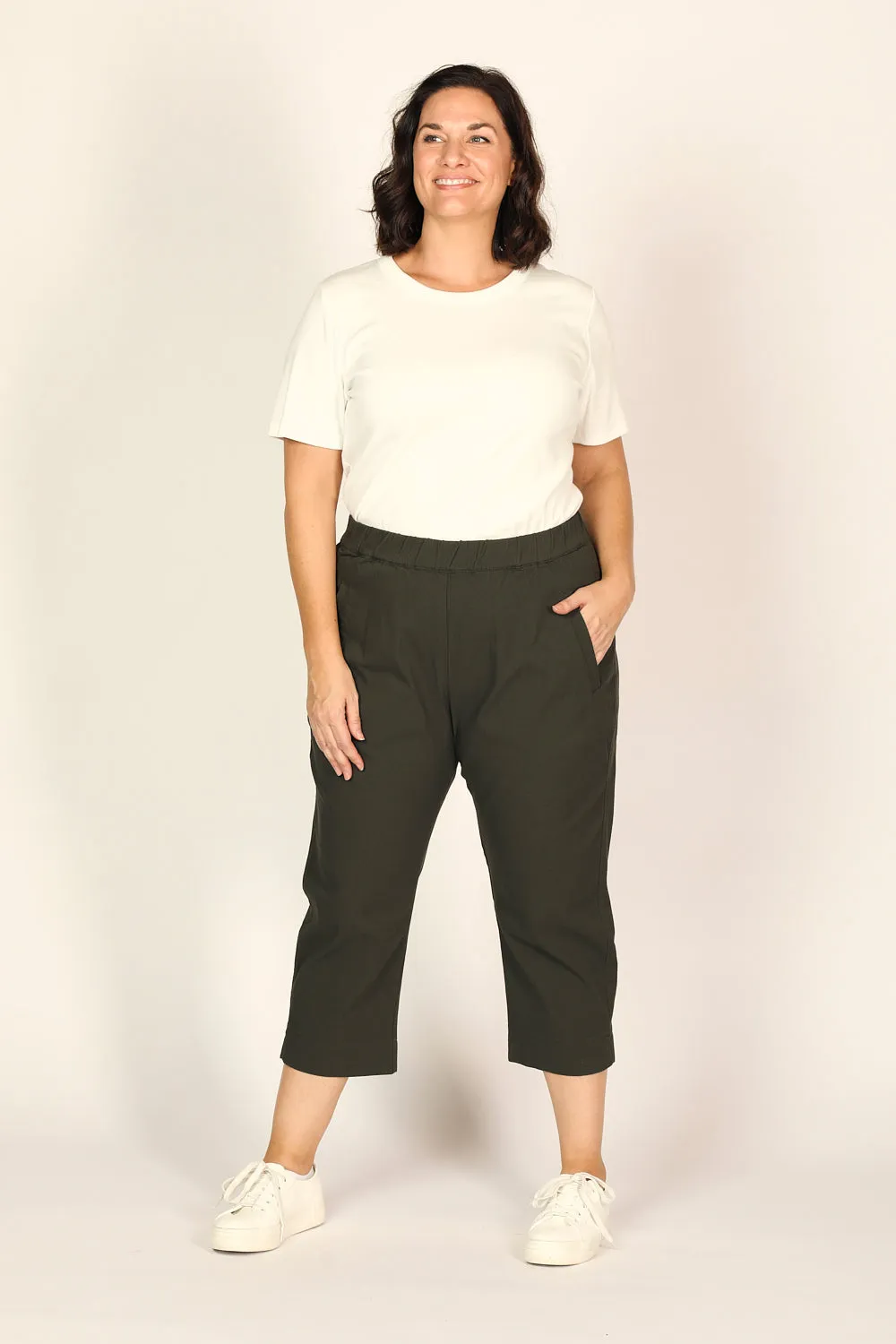 Petite Length Cropped Stretch Capri Pant in Bottle Green sold by Adrift